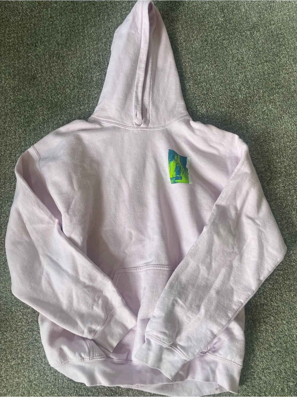 Light Pink Graphic Hoodie with Blue-Green Pocket Print